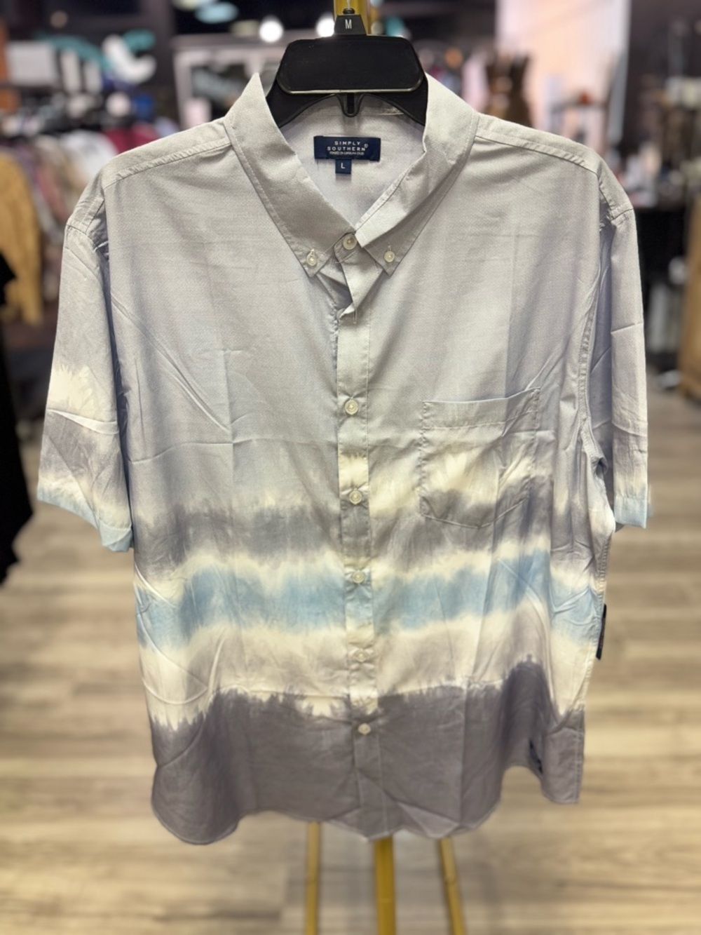Simply Southern Men's Light Gray and Blue Tie-Dye Button Down Shirt